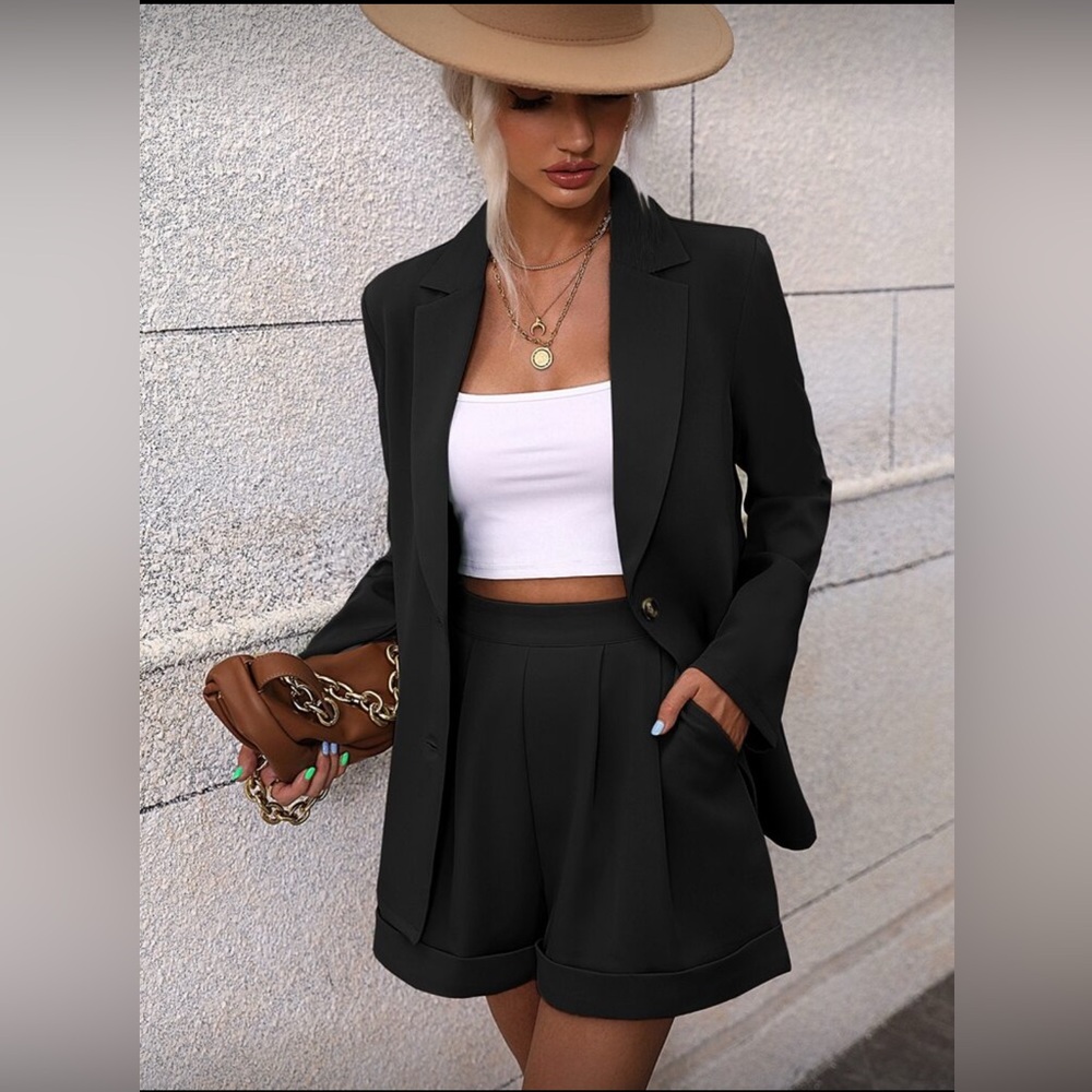 2pc Black Heritage Chic Quiet Luxury Suit Oversized Blazer Cuffed Shorts Set 4 S
